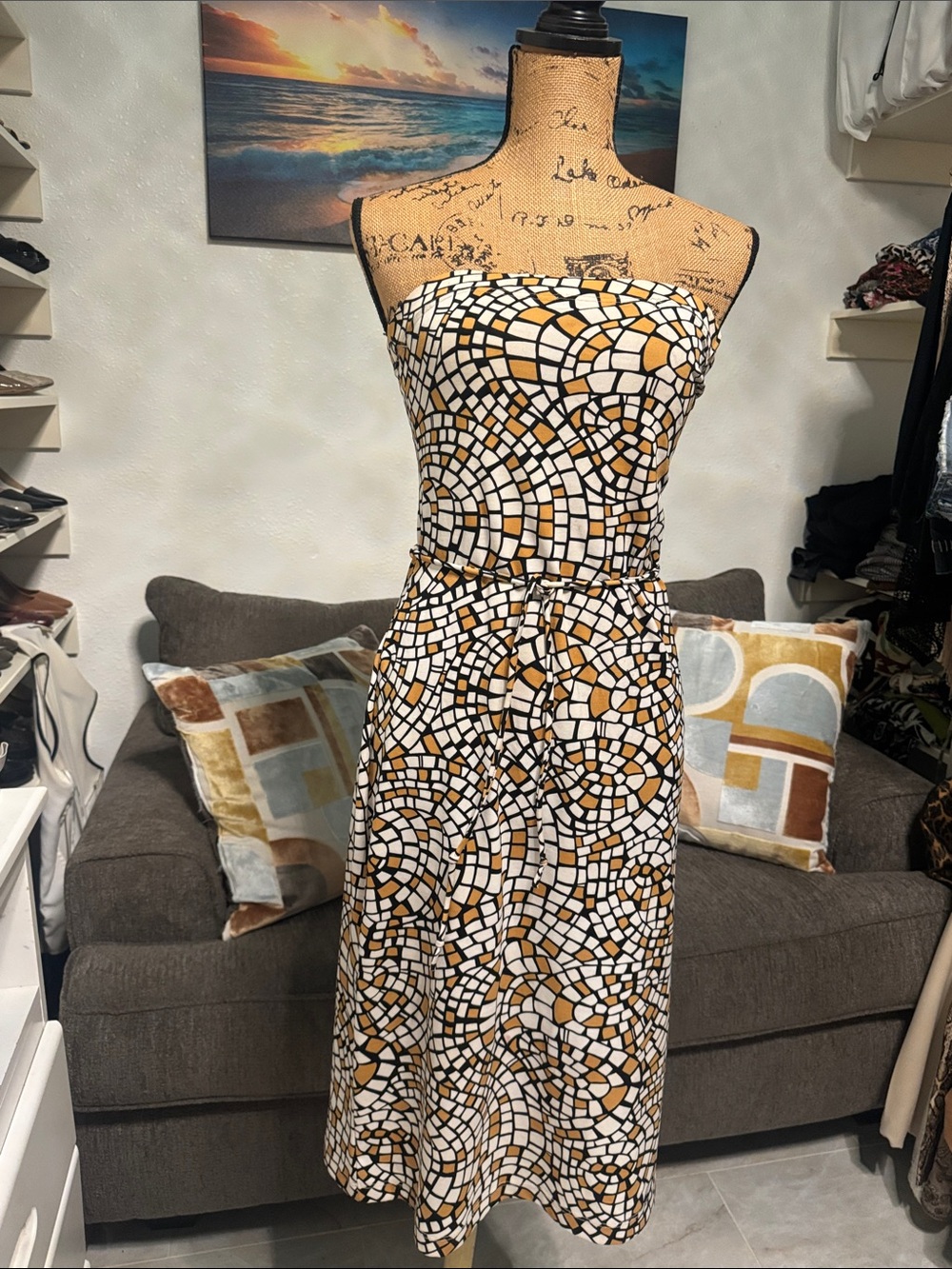 Strapless Mosaic-Print Midi Dress in White and Mustard